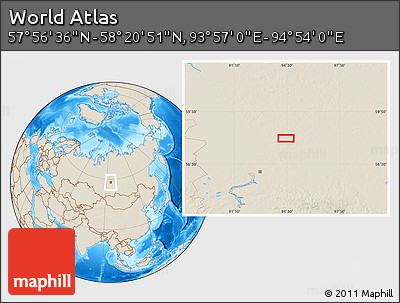 Shaded Relief Location Map of the Area around 58° 8' 44" N, 94° 25' 30" E