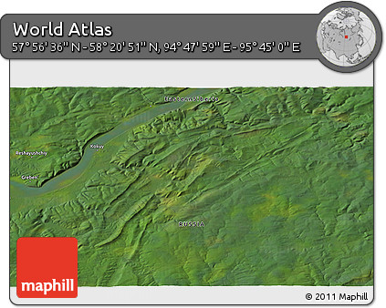 Satellite 3D Map of the Area around 58° 8' 44" N, 95° 16' 30" E