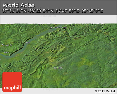 Satellite 3D Map of the Area around 58° 8' 44" N, 95° 16' 30" E