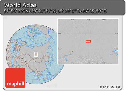Gray Location Map of the Area around 58° 8' 44" N, 96° 7' 30" E, hill shading
