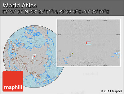 Gray Location Map of the Area around 58° 8' 44" N, 96° 7' 30" E, hill shading