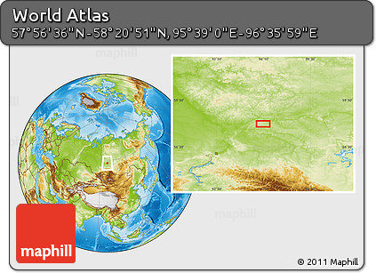 Physical Location Map of the Area around 58° 8' 44" N, 96° 7' 30" E