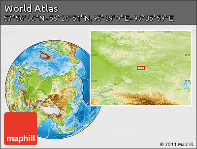 Physical Location Map of the Area around 58° 8' 44" N, 96° 7' 30" E