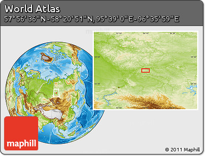 Physical Location Map of the Area around 58° 8' 44" N, 96° 7' 30" E