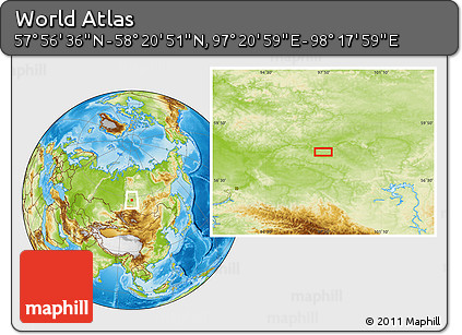 Physical Location Map of the Area around 58° 8' 44" N, 97° 49' 29" E
