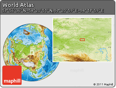 Physical Location Map of the Area around 58° 8' 44" N, 97° 49' 29" E