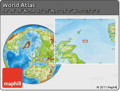 Physical Location Map of the Area around 58° 30' 22" N, 0° 4' 30" E