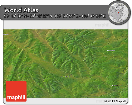 Satellite 3D Map of the Area around 58° 30' 22" N, 106° 19' 29" E