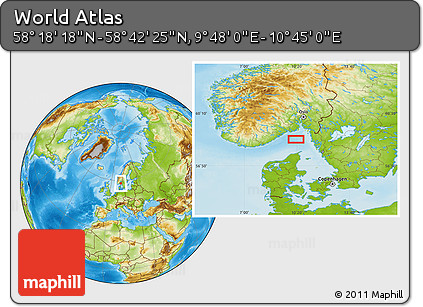 Physical Location Map of the Area around 58° 30' 22" N, 10° 16' 30" E