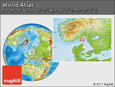 Physical Location Map of the Area around 58° 30' 22" N, 10° 16' 30" E