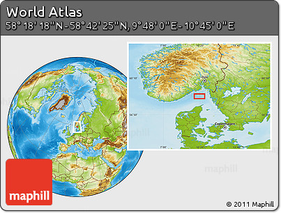 Physical Location Map of the Area around 58° 30' 22" N, 10° 16' 30" E