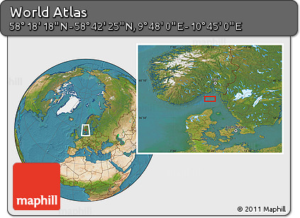 Satellite Location Map of the Area around 58° 30' 22" N, 10° 16' 30" E