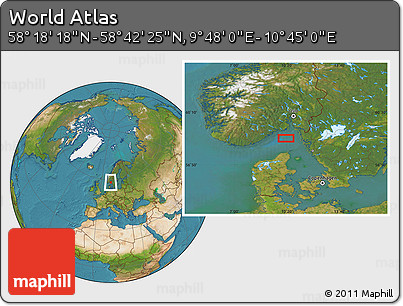 Satellite Location Map of the Area around 58° 30' 22" N, 10° 16' 30" E