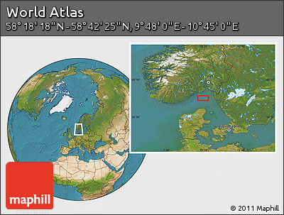 Satellite Location Map of the Area around 58° 30' 22" N, 10° 16' 30" E