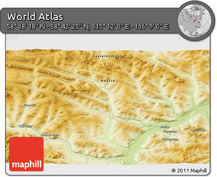 Physical 3D Map of the Area around 58° 30' 22" N, 115° 40' 30" E