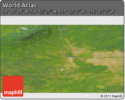 Satellite 3D Map of the Area around 58° 30' 22" N, 117° 13' 29" W