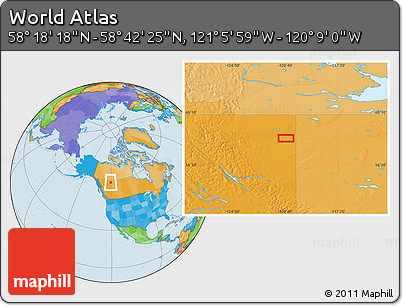 Political Location Map of the Area around 58° 30' 22" N, 120° 37' 30" W