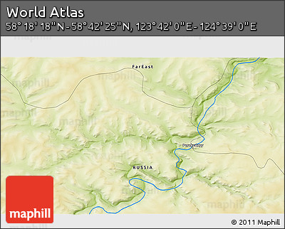Physical 3D Map of the Area around 58° 30' 22" N, 124° 10' 30" E