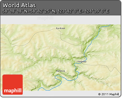 Physical 3D Map of the Area around 58° 30' 22" N, 124° 10' 30" E