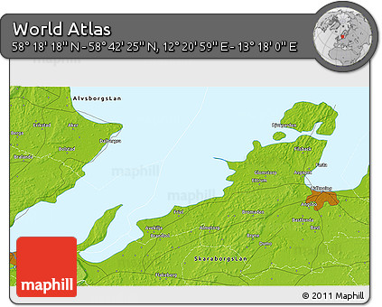 Physical 3D Map of the Area around 58° 30' 22" N, 12° 49' 29" E