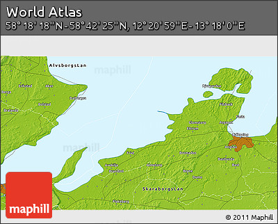 Physical 3D Map of the Area around 58° 30' 22" N, 12° 49' 29" E