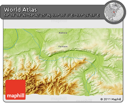 Physical 3D Map of the Area around 58° 30' 22" N, 130° 58' 29" E