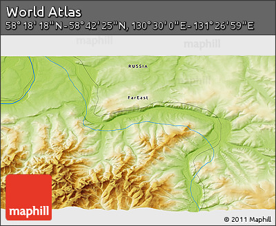 Physical 3D Map of the Area around 58° 30' 22" N, 130° 58' 29" E