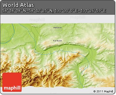 Physical 3D Map of the Area around 58° 30' 22" N, 130° 58' 29" E