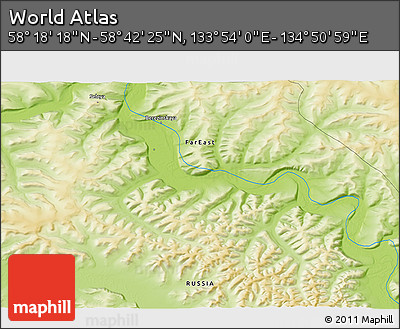 Physical 3D Map of the Area around 58° 30' 22" N, 134° 22' 30" E