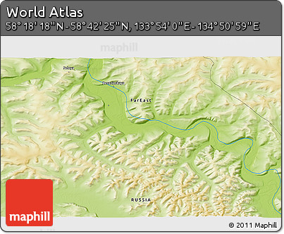 Physical 3D Map of the Area around 58° 30' 22" N, 134° 22' 30" E
