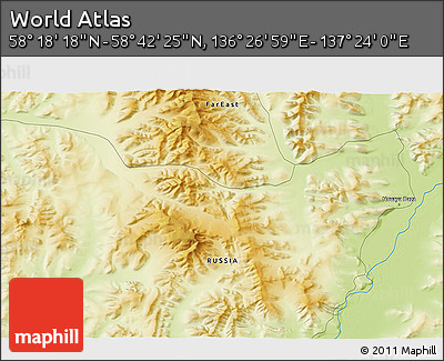 Physical 3D Map of the Area around 58° 30' 22" N, 136° 55' 30" E