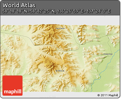 Physical 3D Map of the Area around 58° 30' 22" N, 136° 55' 30" E