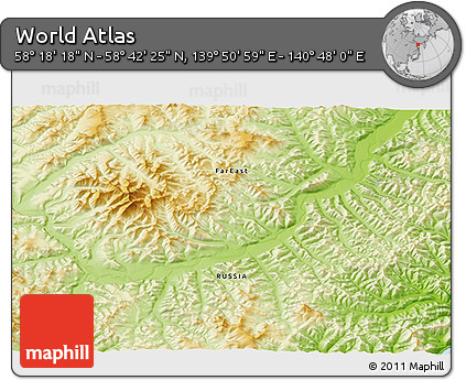 Physical 3D Map of the Area around 58° 30' 22" N, 140° 19' 29" E
