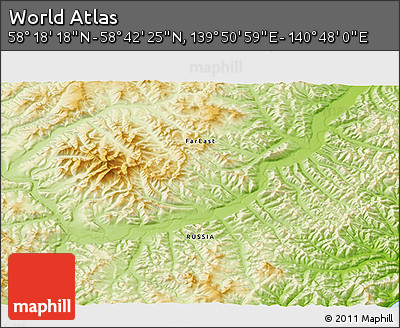 Physical 3D Map of the Area around 58° 30' 22" N, 140° 19' 29" E