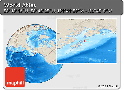 Shaded Relief Location Map of the Area around 58° 30' 22" N, 151° 13' 29" W
