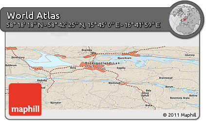 Shaded Relief Panoramic Map of the Area around 58° 30' 22" N, 16° 13' 30" E