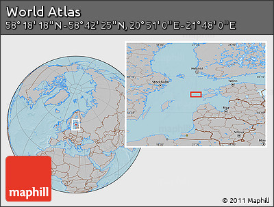 Gray Location Map of the Area around 58° 30' 22" N, 21° 19' 30" E, hill shading