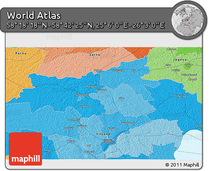 Political 3D Map of the Area around 58° 30' 22" N, 25° 34' 30" E