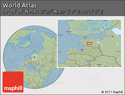 Savanna Style Location Map of the Area around 58° 30' 22" N, 25° 34' 30" E, hill shading