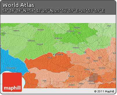 Political 3D Map of the Area around 58° 30' 22" N, 26° 25' 29" E