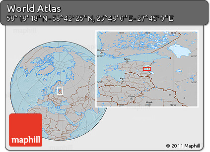 Gray Location Map of the Area around 58° 30' 22" N, 27° 16' 29" E, hill shading