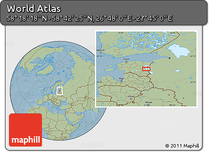 Savanna Style Location Map of the Area around 58° 30' 22" N, 27° 16' 29" E, hill shading