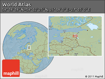 Savanna Style Location Map of the Area around 58° 30' 22" N, 27° 16' 29" E, hill shading