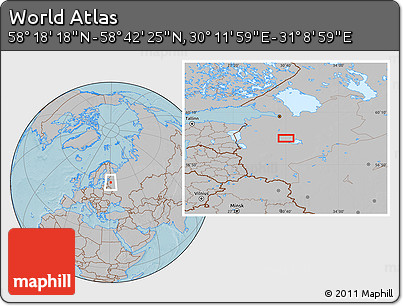Gray Location Map of the Area around 58° 30' 22" N, 30° 40' 29" E, hill shading