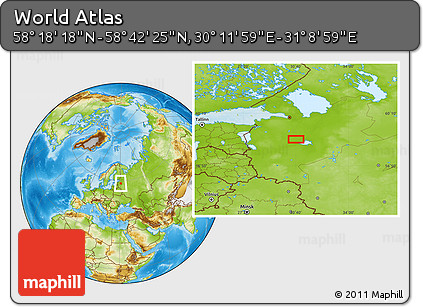 Physical Location Map of the Area around 58° 30' 22" N, 30° 40' 29" E