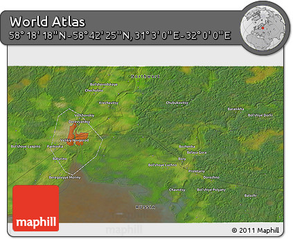 Satellite 3D Map of the Area around 58° 30' 22" N, 31° 31' 29" E