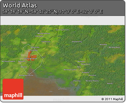 Satellite 3D Map of the Area around 58° 30' 22" N, 31° 31' 29" E