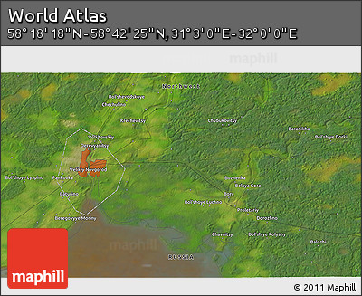 Satellite 3D Map of the Area around 58° 30' 22" N, 31° 31' 29" E