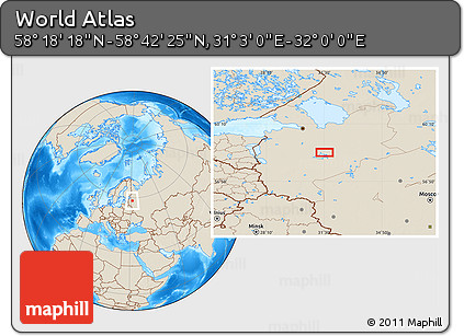 Shaded Relief Location Map of the Area around 58° 30' 22" N, 31° 31' 29" E