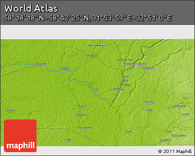 Physical 3D Map of the Area around 58° 30' 22" N, 32° 22' 30" E